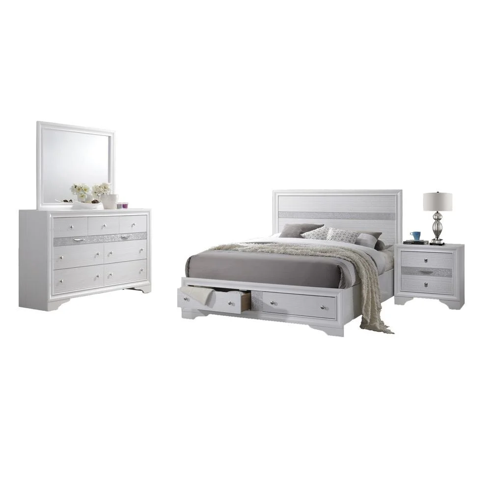 Chic White 3 Piece Bedroom Set with Eastern King Platform Bed