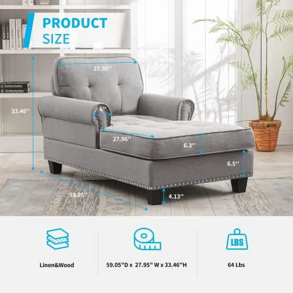 NLIBOOMLife Chaise Lounge Sofa Couch Linen Chaise Sofa Bed Bench with Tufted Back  Mid-Century Sleeper Sofa Chair Bed for Small