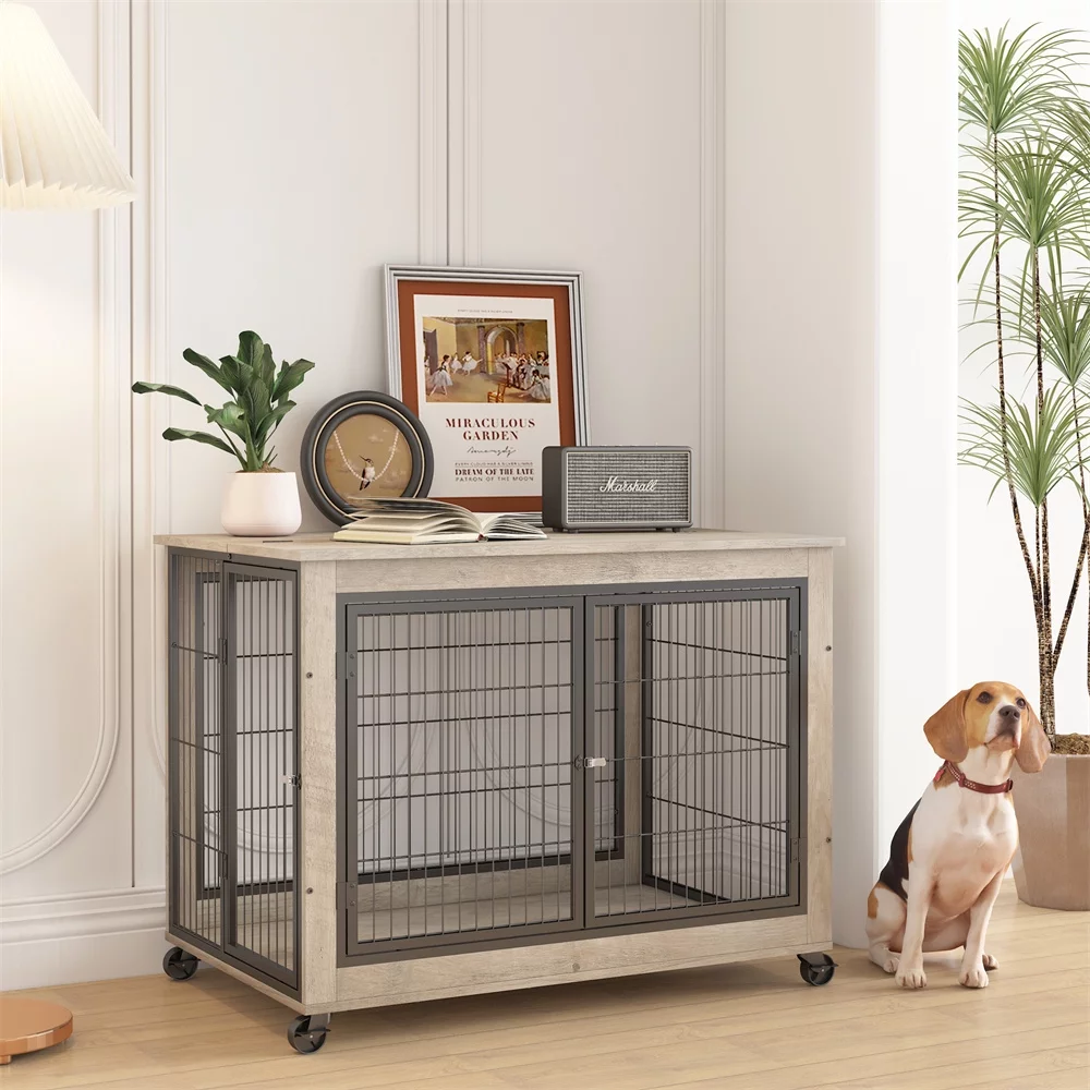 Lausatek Double Doors Wire Wood Dog Kennel Indoor with Divider Panel,Wooden Dog Crate Furniture,Dog Crate End Table with Tray