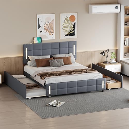 DNYN Queen Size Murphy Bed with Storage Drawer(Large) & Charging Station for Bedroom,Convertible Pinewood Wall Bedframe w/Stylish Cabinet Design