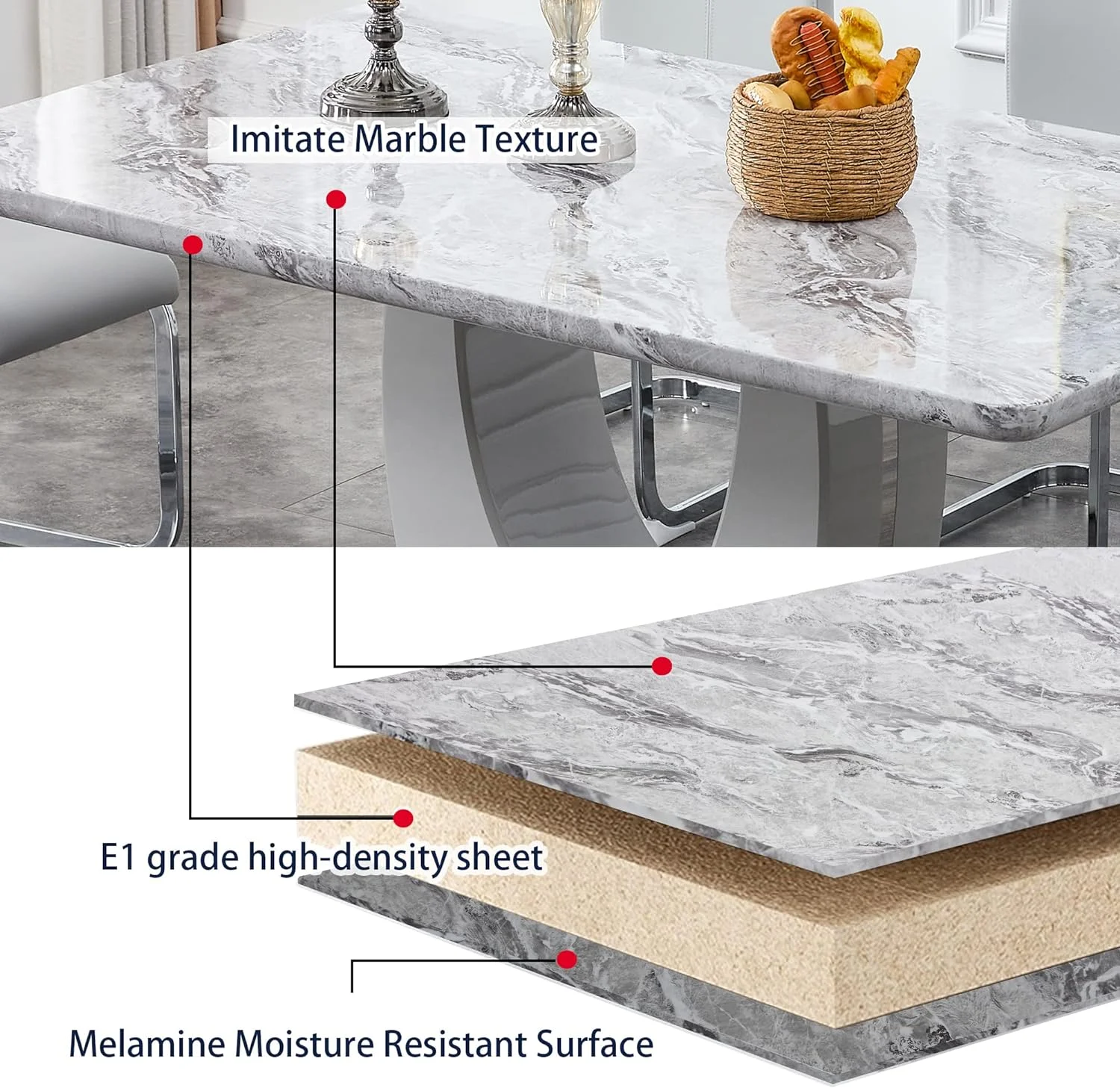 Sumdeal 63" Morden Faux Marble Dining Room Table Set, Dining Table Set for 6