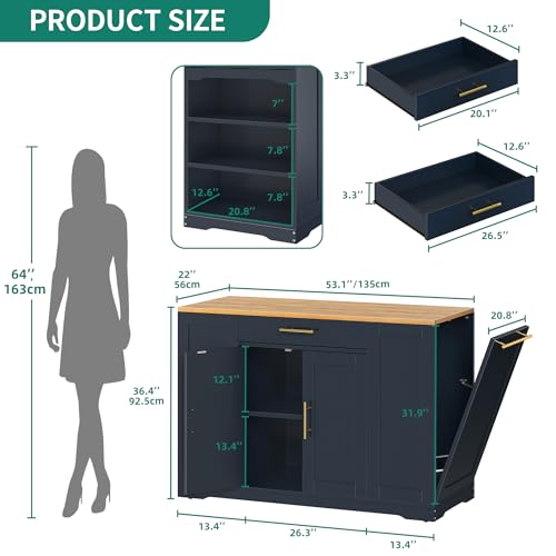 YITAHOME 53 inch Large Rolling Kitchen Island with Trash Can Storage Cabinet