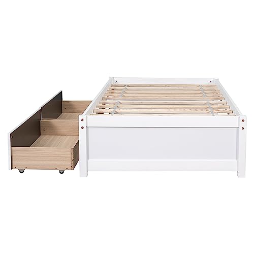 SOFTSEA Twin Size Platform Bed with Storage Drawers, Wooden Platform Bed Frame with 2 Drawers, Storage Platform Bed with Headboard