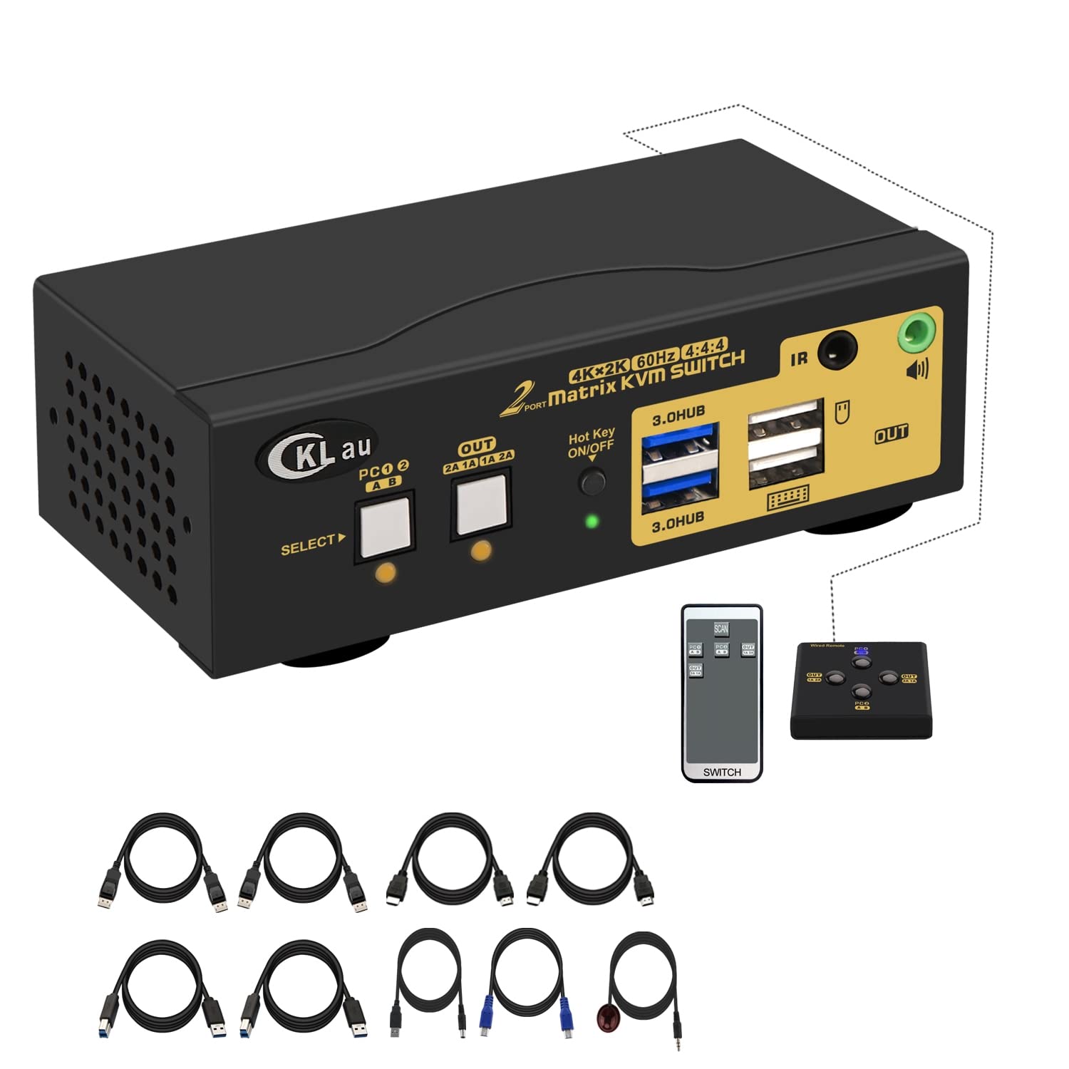 CKLau 2 Port USB 3.0 Displayport KVM Switch DP 1.4 for 2 Computers Support 4K@144Hz, 8K@30Hz with Audio and Cables Supports Keyboard Mouse Switching