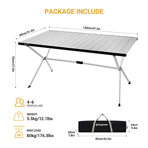 KingCamp Camping Table Folding Portable Table Aluminum Roll Up Lightweight Foldable Large Camp Table for Indoor Outdoor Picnic Backyard, 53.5"X27.5"