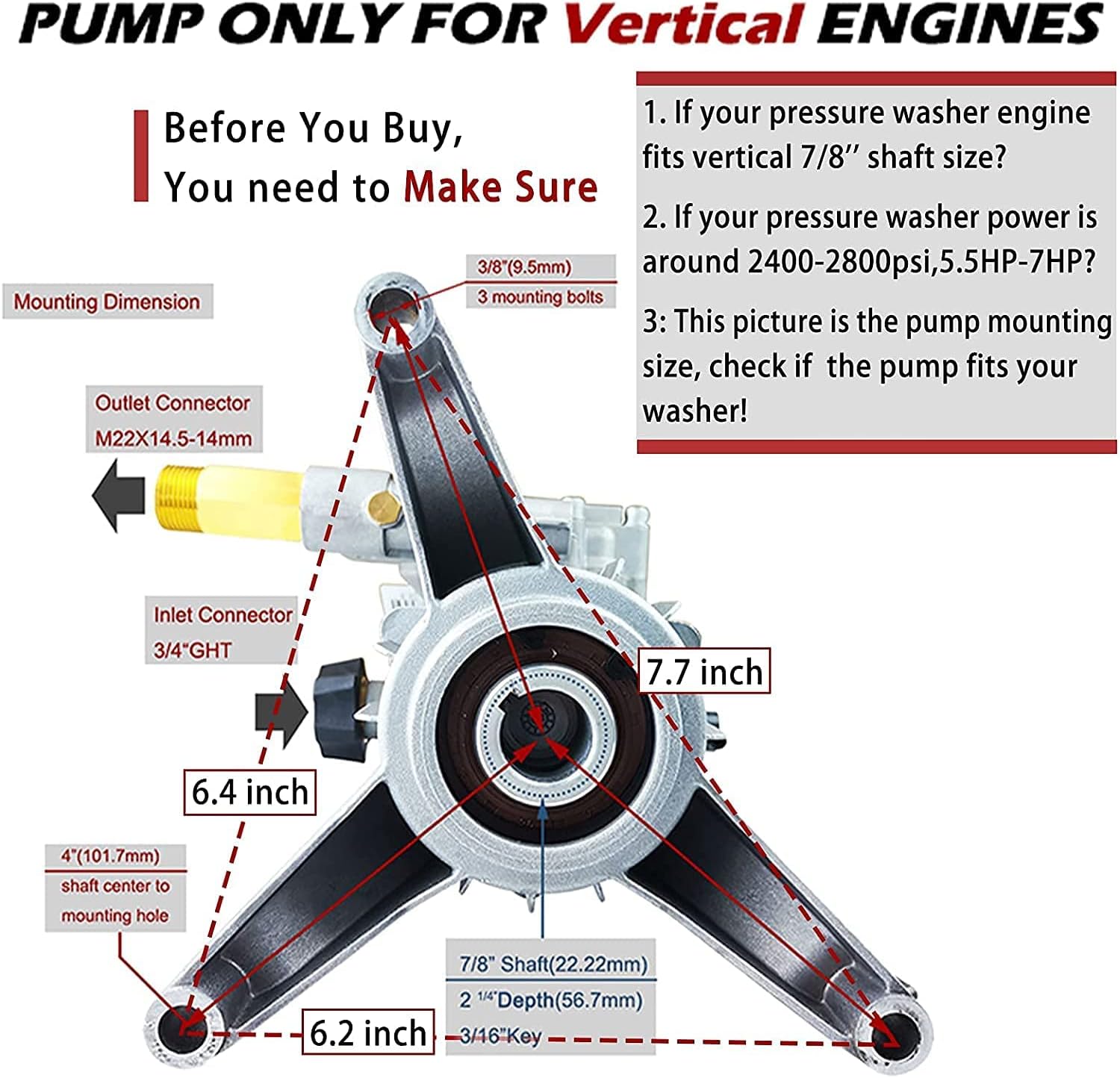 Pressure Washer Pump Replacement, 7/8'' Shaft Vertical Pressure Washer Pump, Power Washer Pumps Replacement