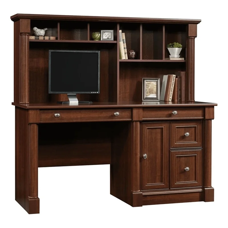 Kingfisher Lane Contemporary Wood Computer Desk with Hutch in Cherry