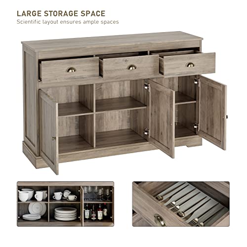 Keyluv White Buffet Cabinet Storage Sideboard Farmhouse Server Bar Wine Cabinet with 3 Drawers & 3 Doors Adjustable Shelves Console Table for Dining