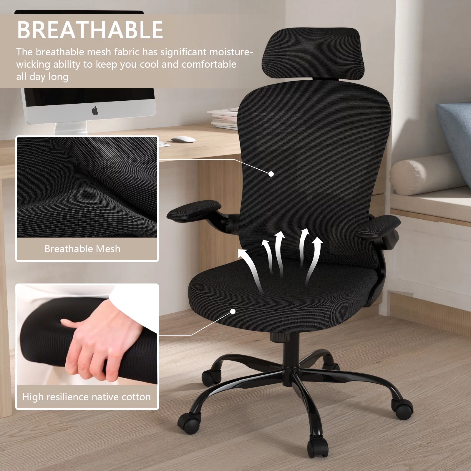 Lioncin Office Chair, High Back Ergonomic Desk Chair, Swivel Task Chair with Flip-up Armrests, Executive Chair for Home Office,Black