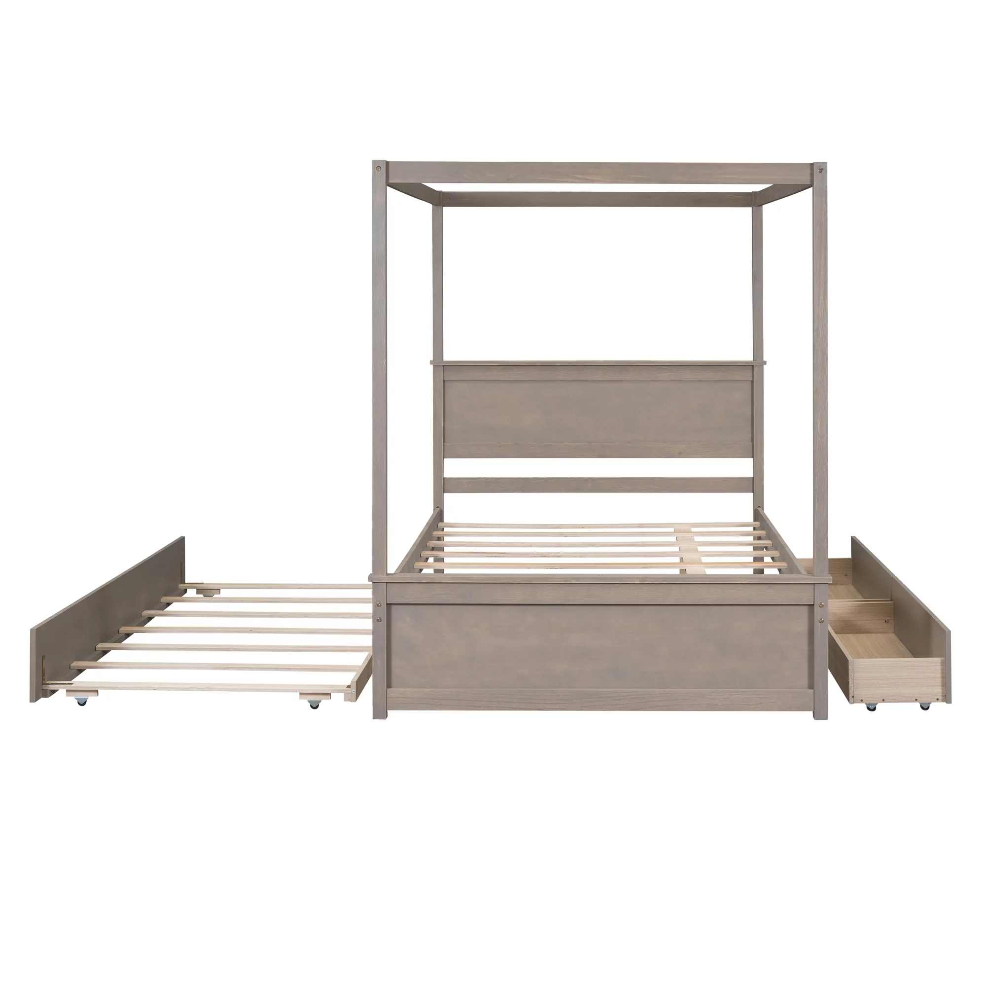 Nestfair Light Brown Full Size Wood Canopy Platform Bed with 2 Drawers and Trundle