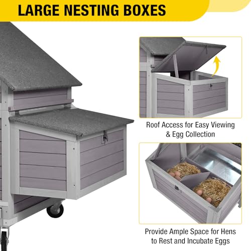 Aivituvin Chicken Coop with Wheels Outdoor Poultry Cage with Two Nesting Boxes 19ft&sup2; Wooden Hen House