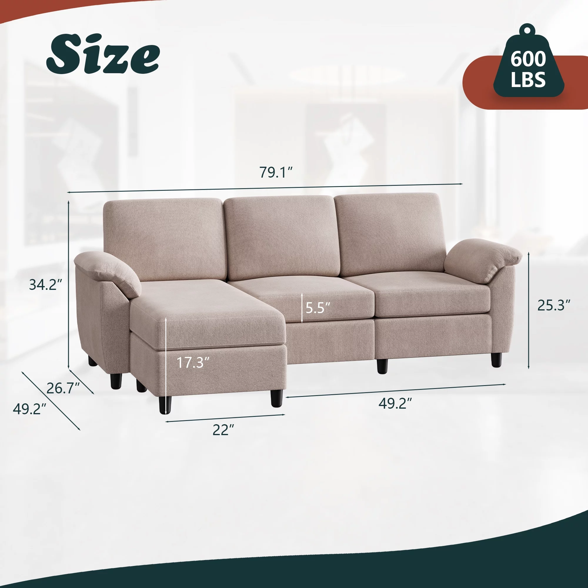 Walsunny 79 Convertible Sectional Sofa Couch,Linen Fabric L Shaped Sofa with Removable Pillows Dark Gray