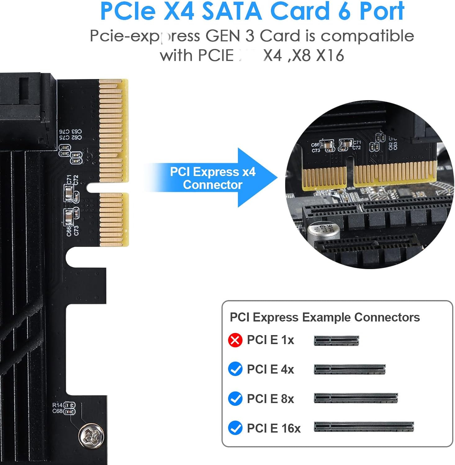 PCIe x1 SATA Card 6 Port, SATA 3.0 Controller Expansion Card with 6 SATA Cables & Low Profile Bracket,SATA III PCIE Gen3 Adapter(6Gbps) ASM1166 Chip