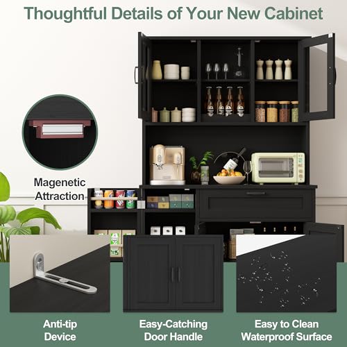 Shintenchi Kitchen Pantry Storage Cabinet, Freestanding Buffet Cabinet with Microwave Stand & 4 Door Shelves, Kitchen Hutch with Doors