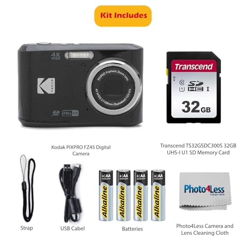 KODAK PIXPRO FZ45 16MP Digital Camera with 4X Optical Zoom 27mm Wide Angle and 2.7" LCD Screen Bundle with 32GB SD Memory Card, AA Batteries (4 Pack)