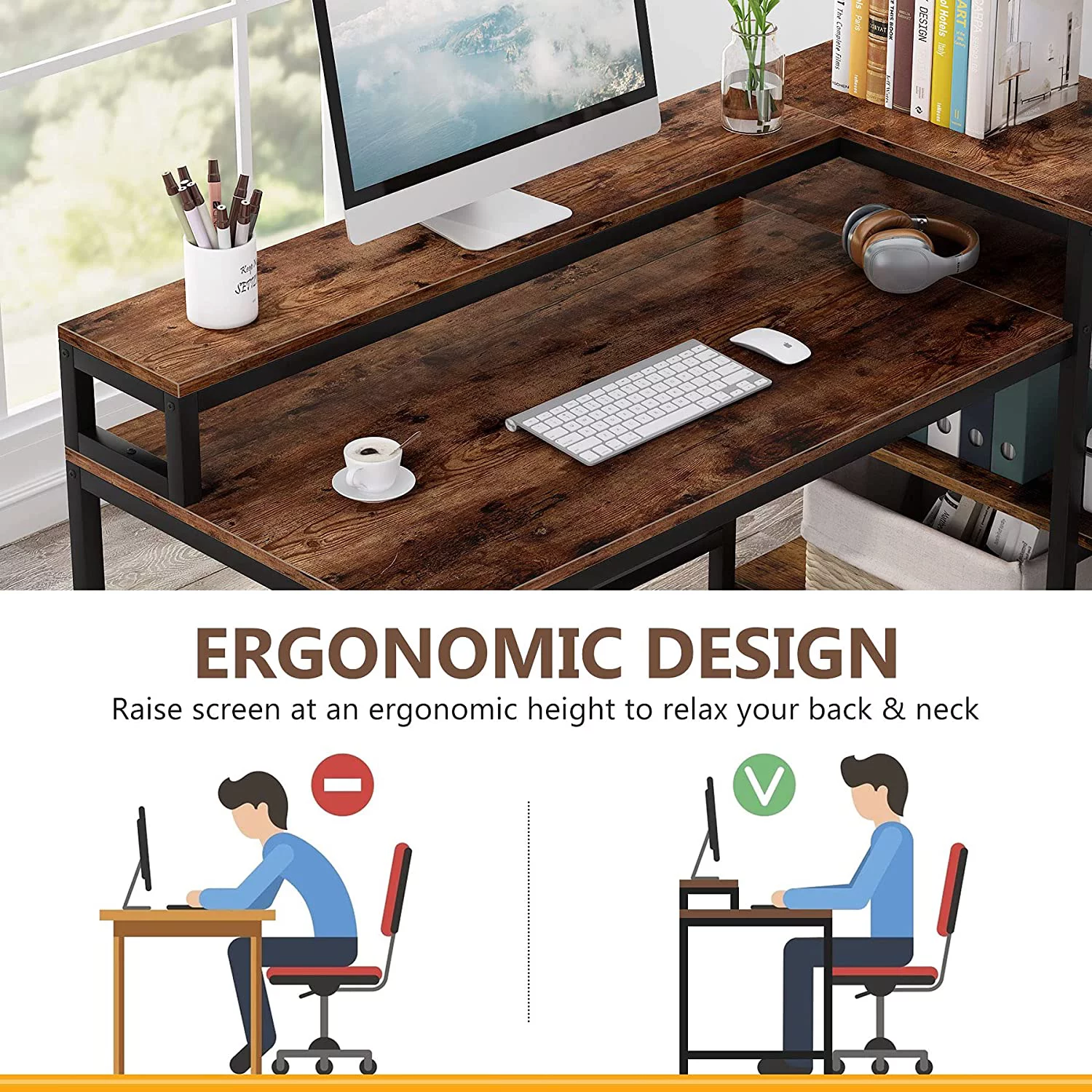 Tribesigns Reversible L Shaped Computer Desk with Hutch and Shelf Industrial Home Office Desk Rustic Brown