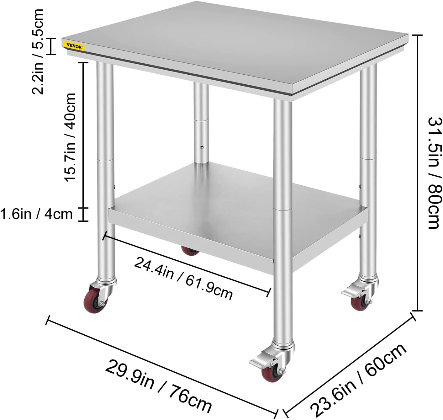 Mophorn Stainless Steel Work Table with Wheels 24 x 30 Prep Table with casters Heavy Duty Work Table for Commercial Kitchen Restaurant Business (24 x