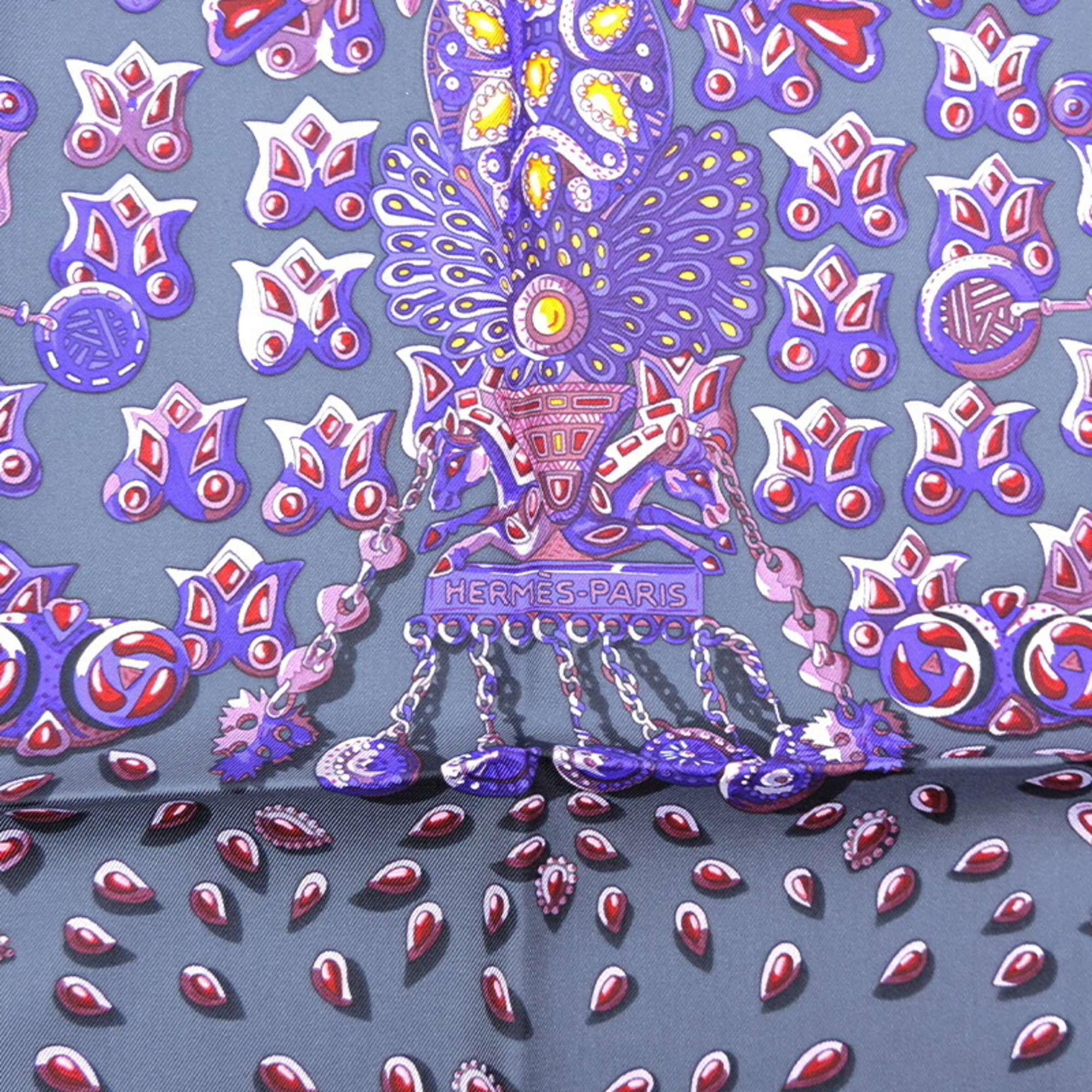 Pre-Owned Hermes Carre 90 Hidden Treasure Women's Scarf Muffler 100% Silk Gray Purple Orange (Good)