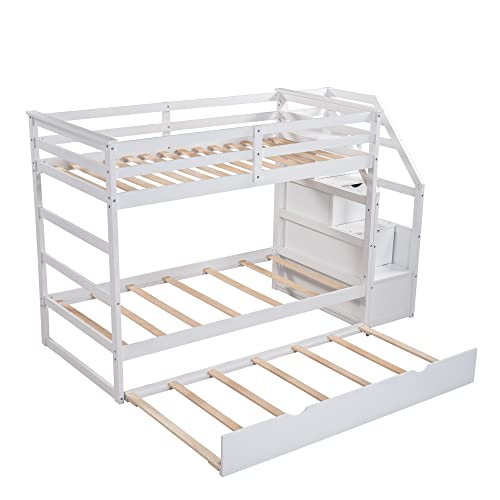 Harper & Bright Designs Twin Over Twin Bunk Bed with Trundle, Wood Bunk Bed with Storage Stairs for Kids Teens Adults (Walnut)