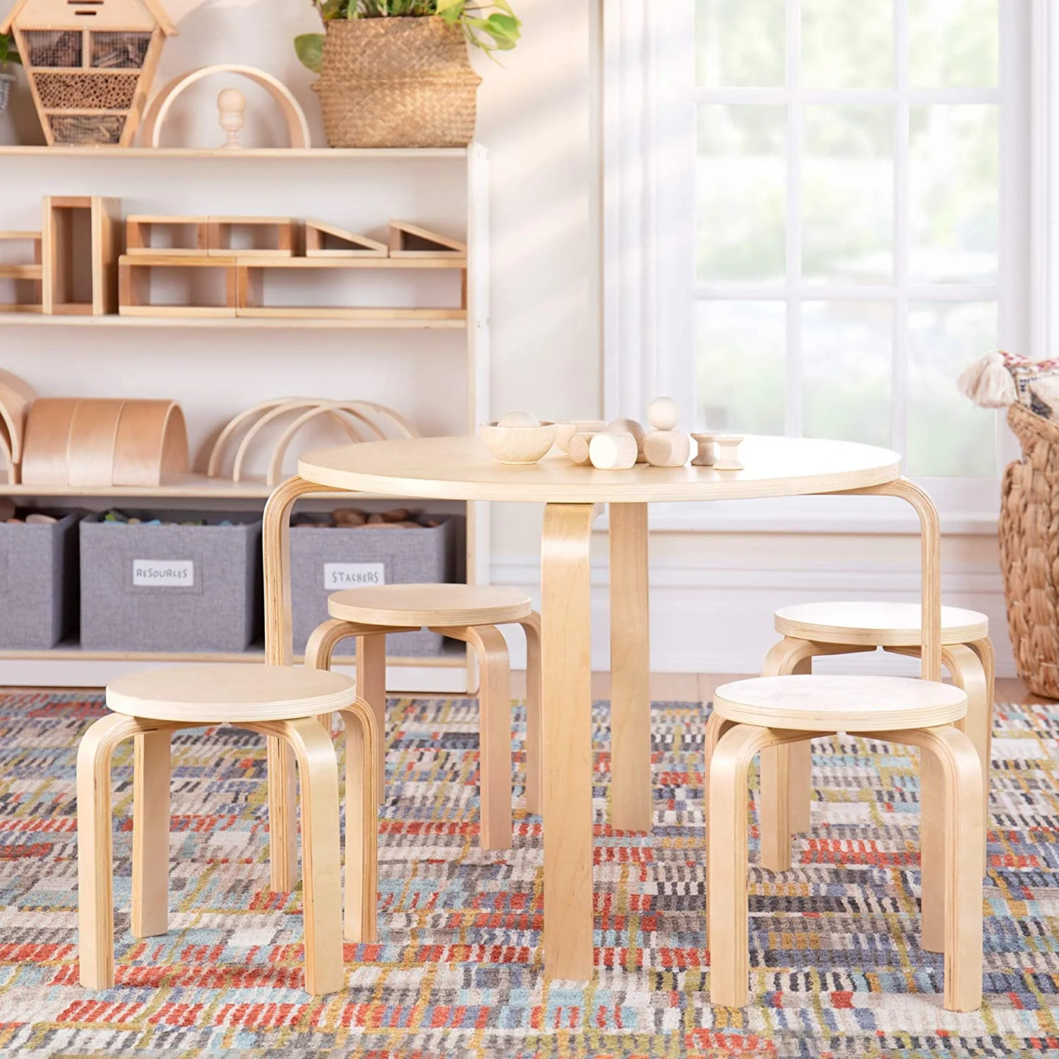 Nordic Table and Chairs Set for Kids: White - Stacking Bentwood Stools with Curved Wood Toddler Activity Table - Children's Modern Bedroom, Playroom