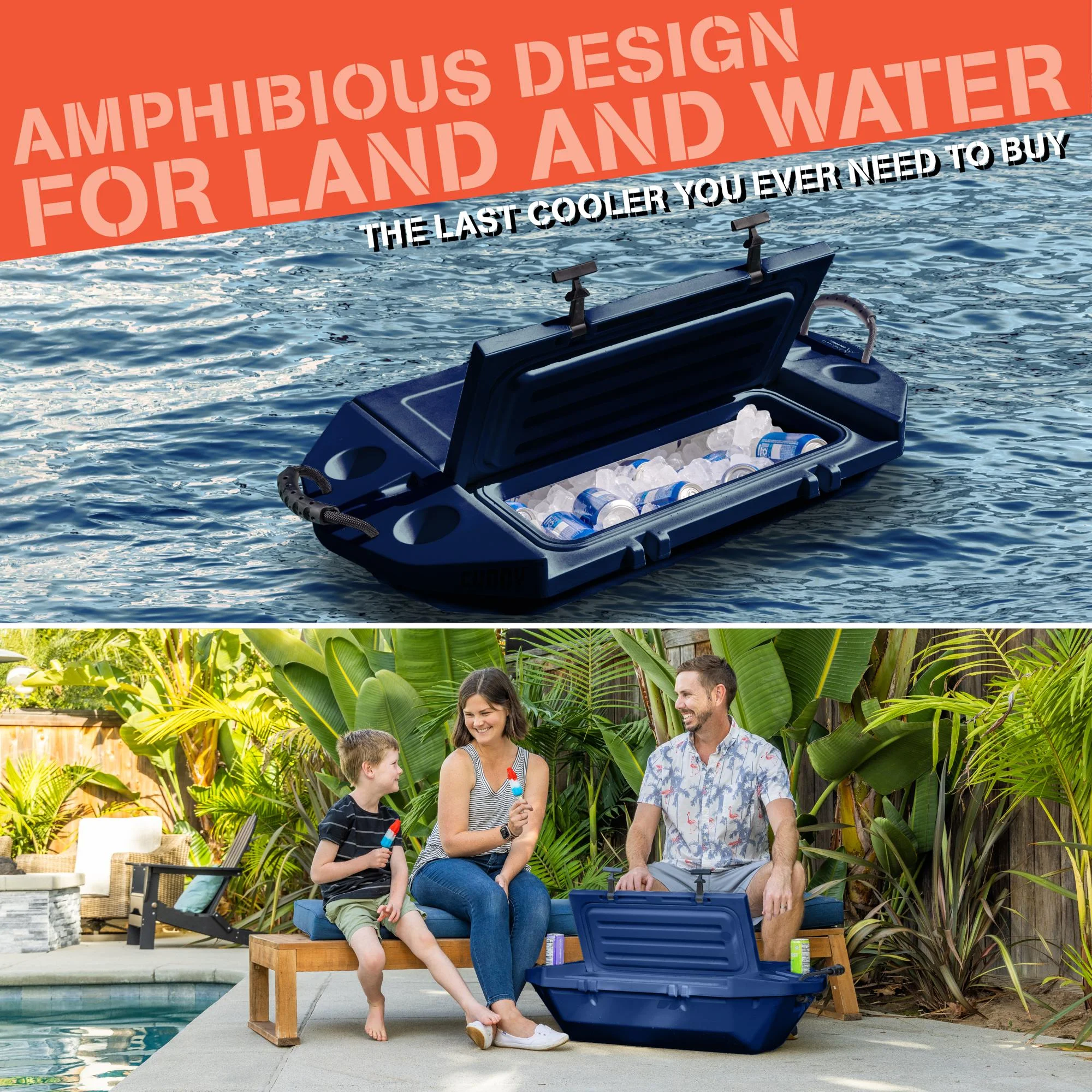 Cuddy Floating Cooler and Dry Storage Vessel - 40QT - Amphibious Hard Shell Design, Navy - Radiant Selections