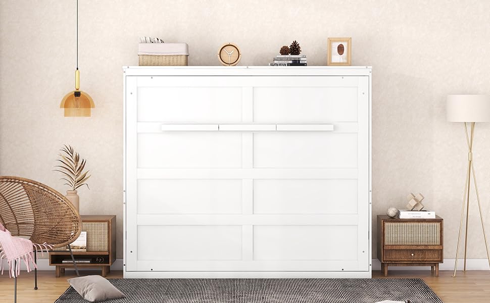 Full Size Murphy Bed with Drawers, Cabinets and USB Ports,Wood Murphy Bed Cabinet Bed Removable Shelves