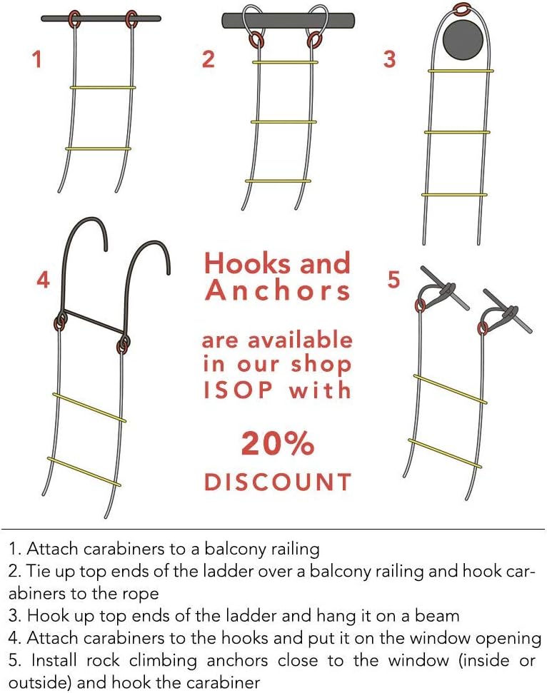 ISOP Fire Escape Ladder for Second Story Windows 13ft Weather Resistant Safety Rope Window Ladder Fire Escape 2 Story with Hooks (13ft with Hooks)
