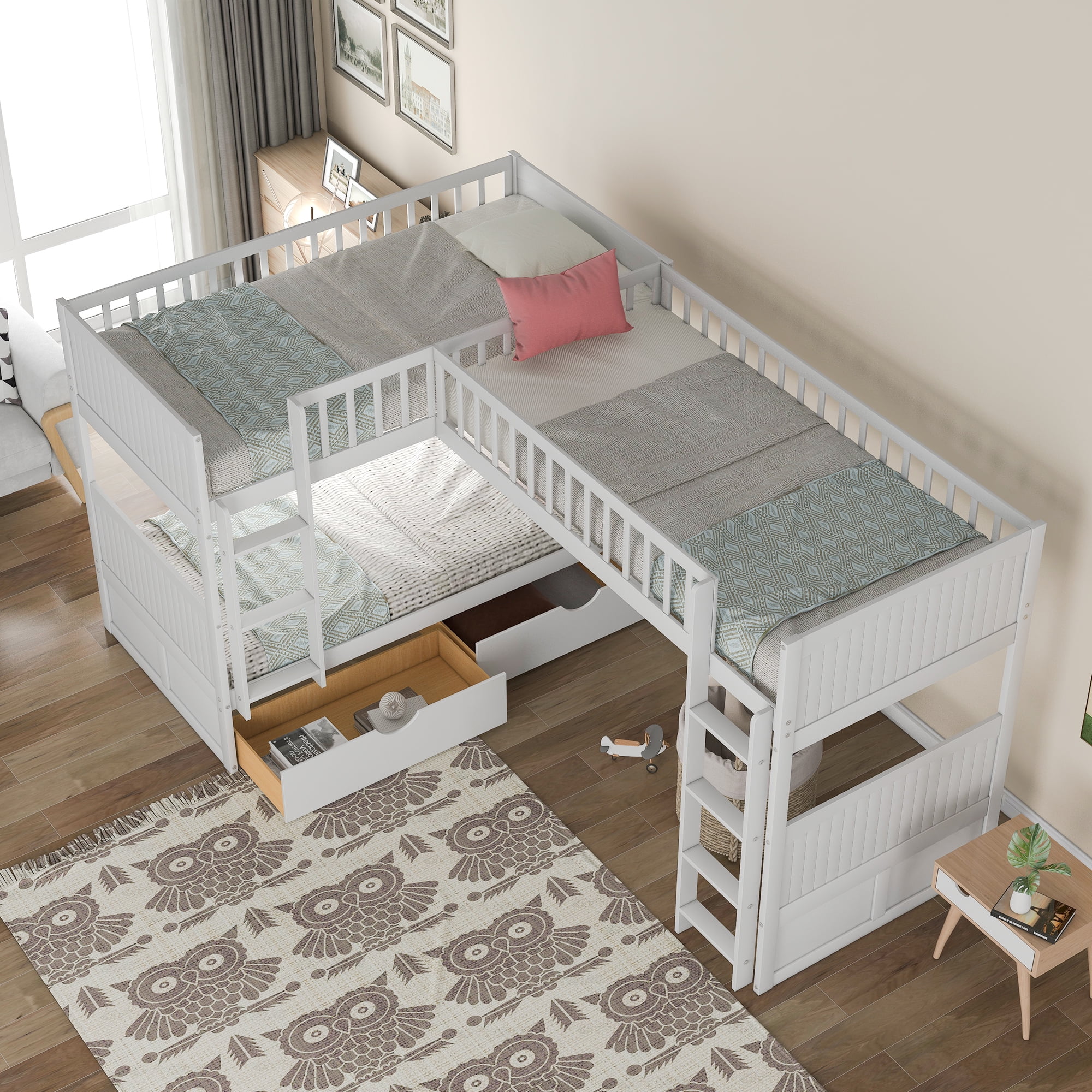Euroco Twin Size L-Shaped Wood Triple Bunk Bed with Drawers for Kid's Bedroom, White