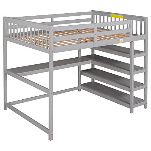 Harper & Bright Designs Full Loft Bed with Desk and Wardrobe,Solid Wood Loft Bed Frame Full with Storage Drawers for Kids Teens Adults