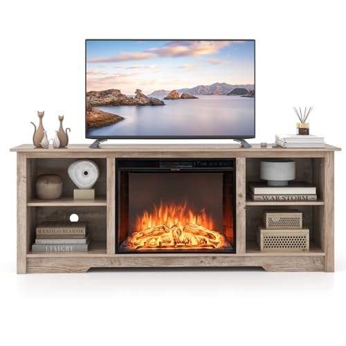 COSTWAY Electric Fireplace TV Stand for TVs up to 75 Inches, 1500W Heater Insert with Remote Control, 3 Flame Colors