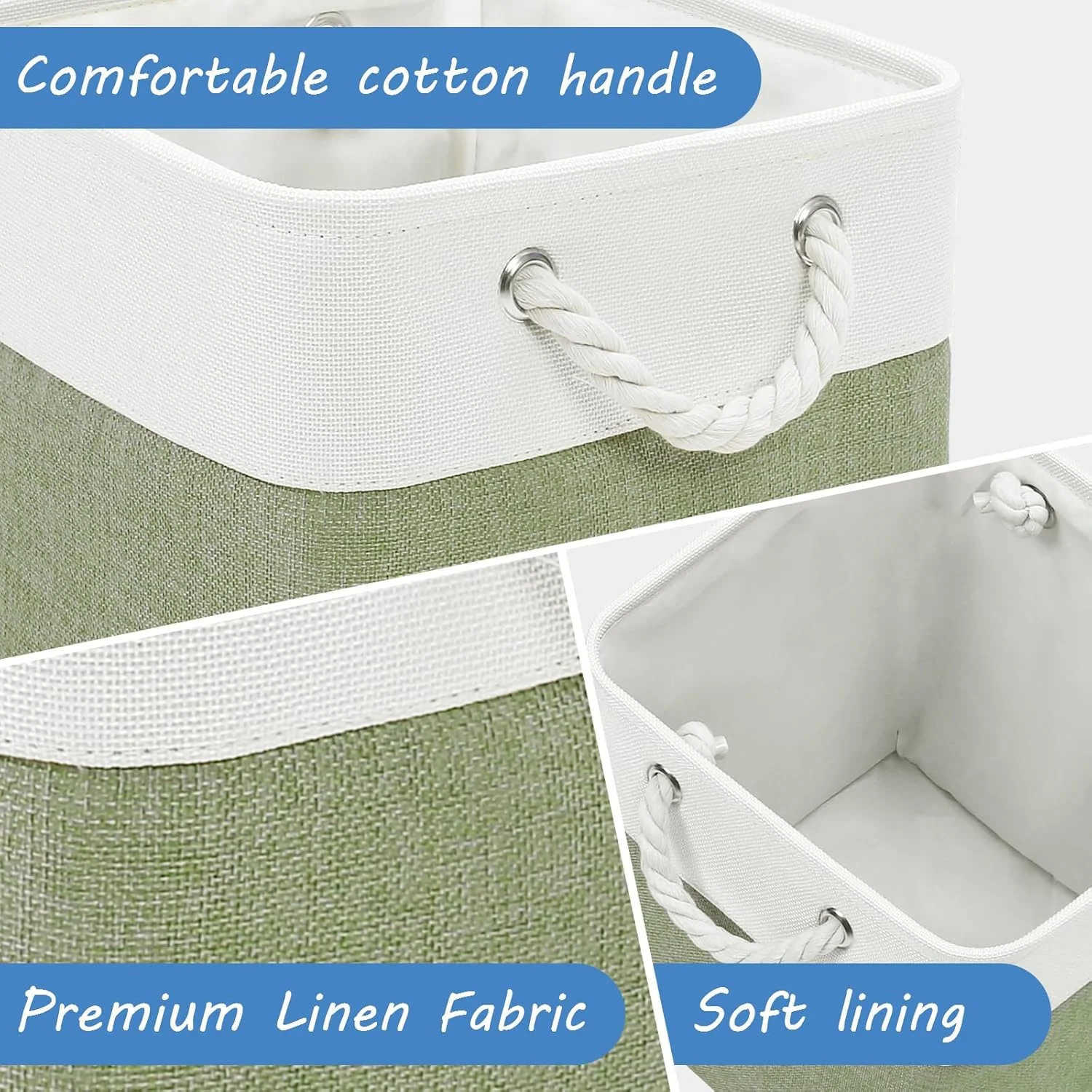 Fabric Cubes Storage Basket, 6 Pack 11x11 in with Handles Foldable Cube Storage Bins, for Shelves, Home, Office, Nursery Organizers (White/ Green)