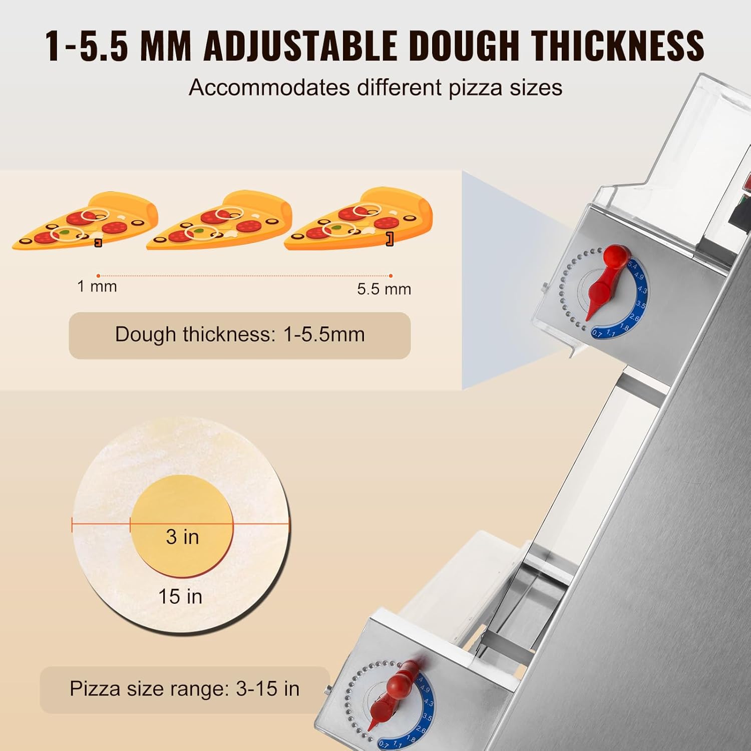 VEVOR Pizza Dough Roller Sheeter, 3-15 Inch Automatic Commercial Pizza Press, 390W Electric 260 Per Hour Dough Roller