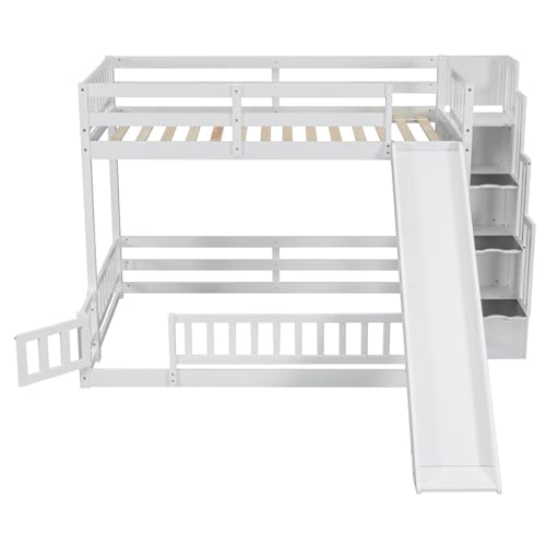 Bunk Beds Twin Over Full Size, Pine Solid Wooden Bunk Bed with Slide, Storage Staircase, Safety Guardrails for Kids, White