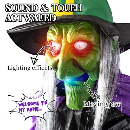 Halloween Decorations Outdoor - 12 Ft Animated Hovering Witch with Sound & Touch Activated Sensor - Witch on Broom Halloween Decorations Outdoor