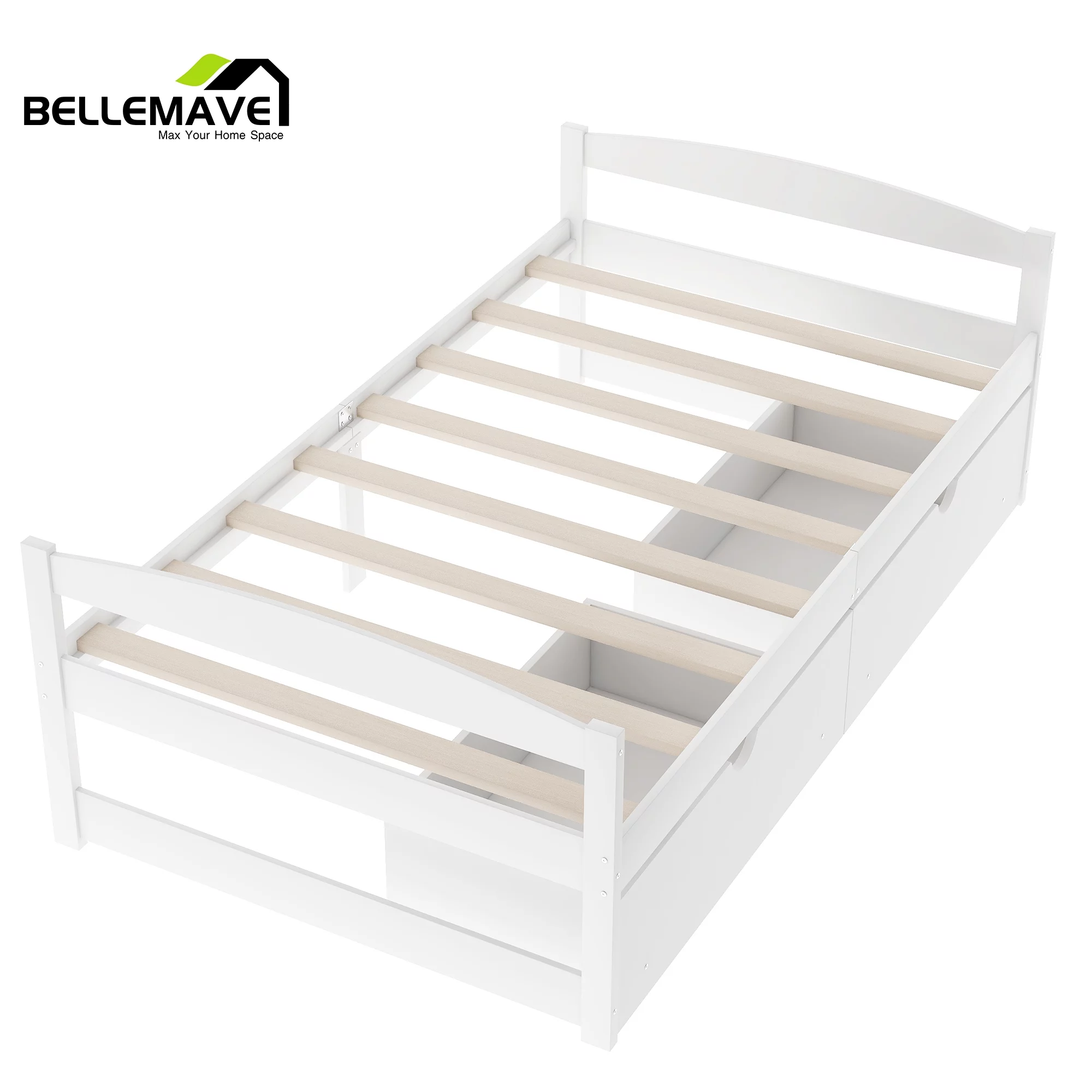 Bellemave White Twin Size Platform Bed with 2 Drawers for Bedroom Living Room, Wood Frame Twin Size Platform Bed Daybed with Slats