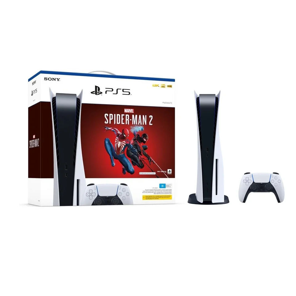PlayStation 5 Disc Edition Marvel's Spider-Man 2 Bundle with Two Controllers White and Nova Pink DualSense and Mytrix Dual Controller Charger