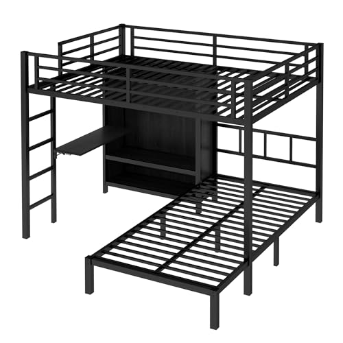 SOFTSEA Metal Bunk Bed with Wardrobe Full XL Over Twin L-Shaped Bunk Beds with Desk and Shelves for Kids Teens