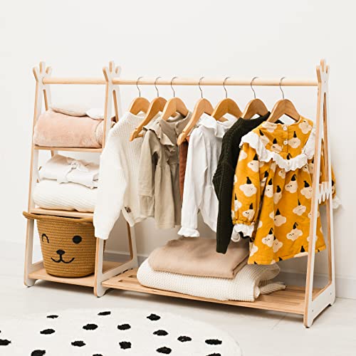 Montessori Teepee Style Clothing Rack Furniture for Toddler Wood Kids Playroom Natural Wooden Nursery Baby Neutral Room Storage Clothes Shelf Kids