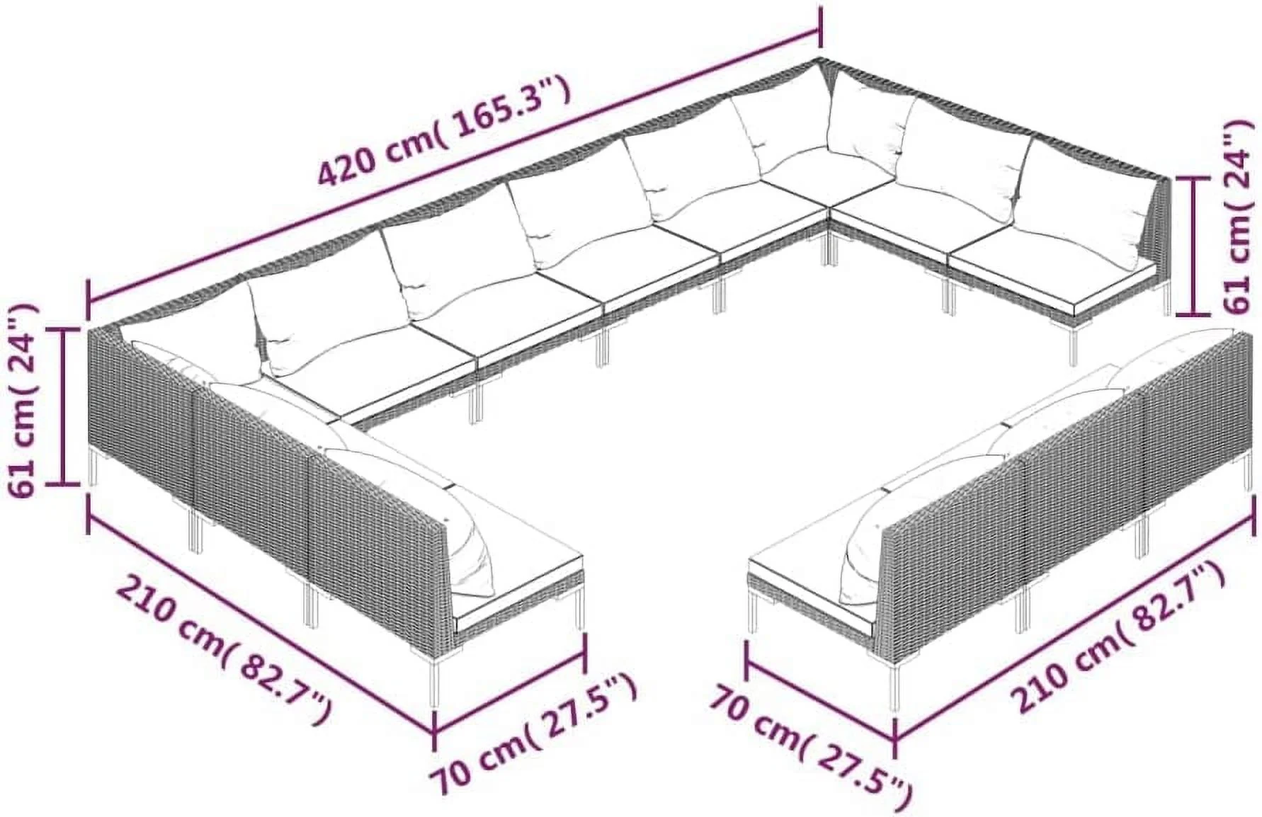 Garden Outdoor Lawn Yard Terrace Balcony Seat Seating Sitting Chair Bench Furniture Patio Sofa Set 12 Piece Patio Lounge Set with Cushions Poly