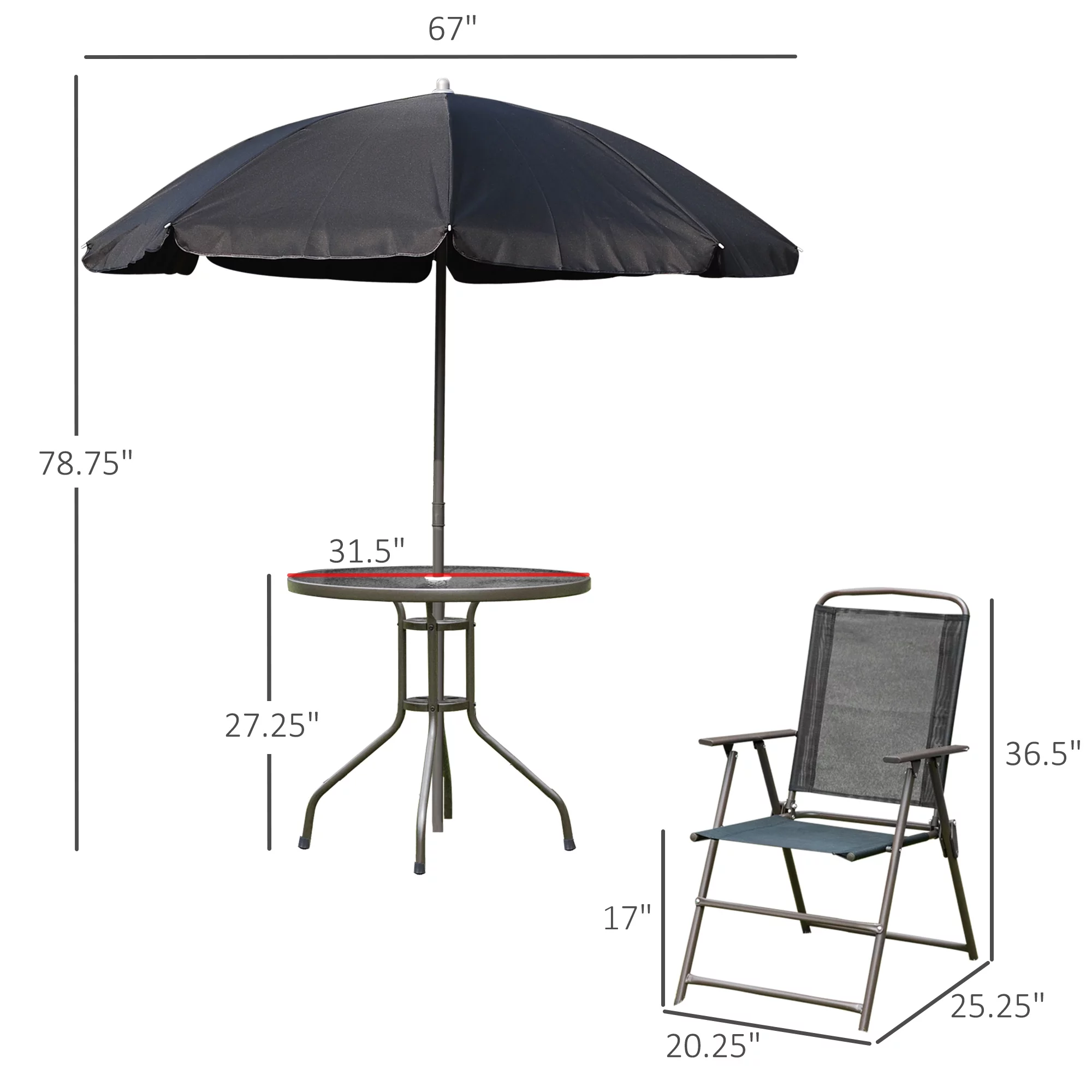 Outsunny 6 Piece Patio Dining Set for 4 with Umbrella, Outdoor Table and Chairs with 4 Folding Dining Chairs & Round Glass Table for Garden