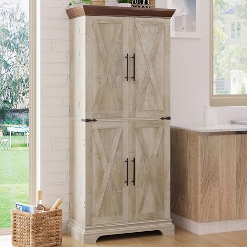 IRONCK Kitchen Pantry Cabinet 72" H, with 9 Shelves, 4 Barn Doors, Drawer, 6 Door Storage Shelves