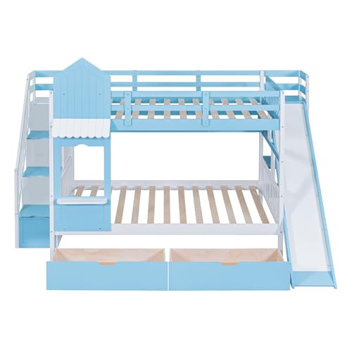 Harper & Bright Designs Twin Over Twin Bunk Bed with Stairs and Slide, Solid Wood Bunk Bed Frame with Storage Drawers and Bookshelf