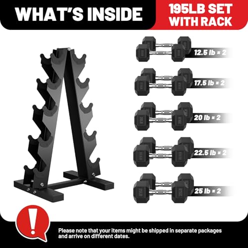 PAPABABE Hex Dumbbell Sets with Rack, 60-550lb Rubber Coated Dumbbell Weight Set and Storage Rack, Multiple Options Hand Weights for Strength Training