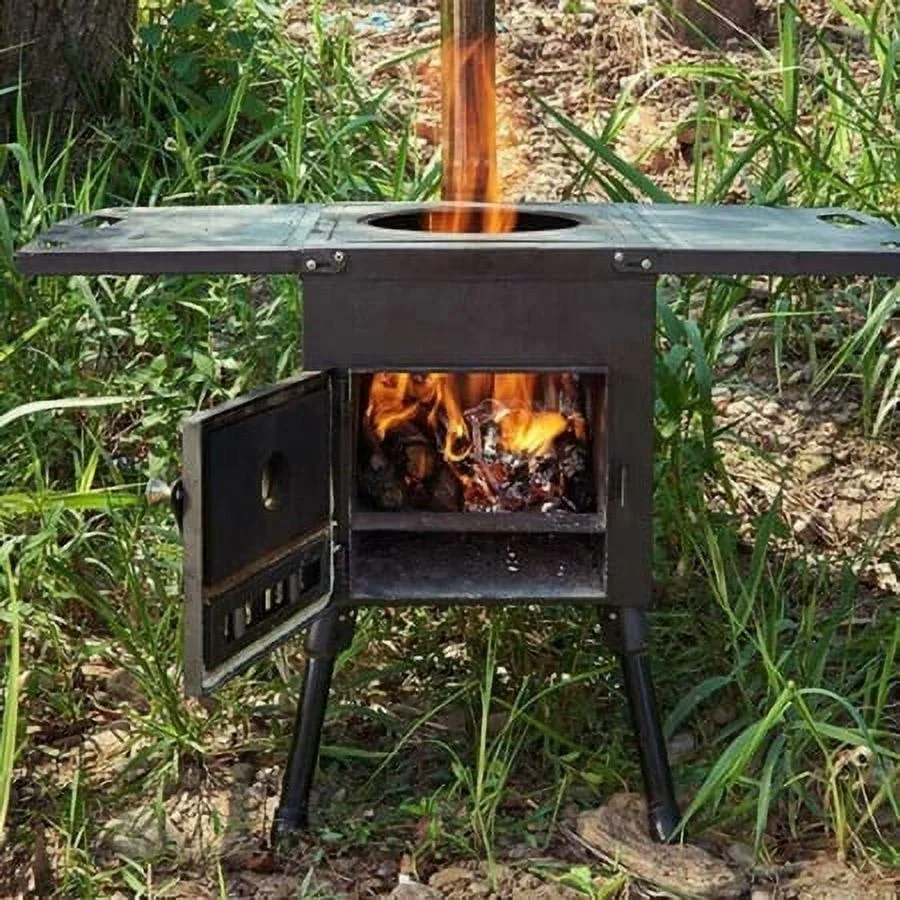 Portable Camping Stove Wood Burning Outdoor Stove with Chimney Pipe for BBQ and Tent Shelter Heating Cooking