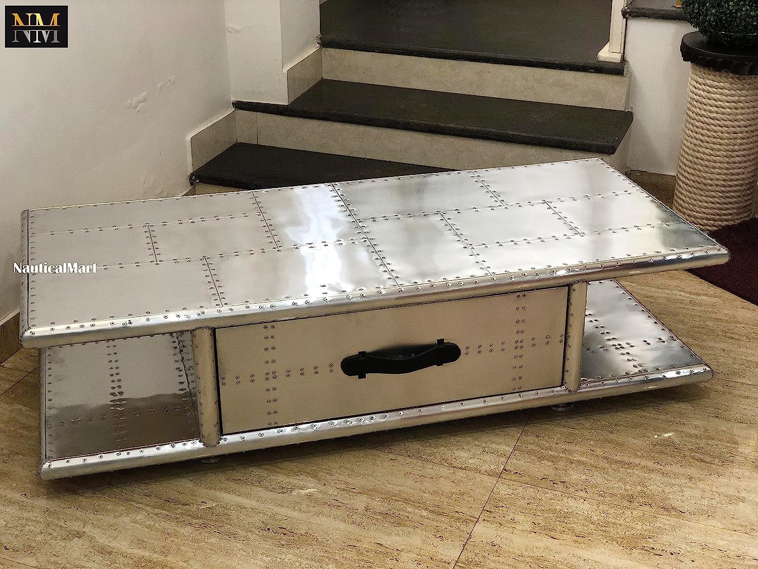 NauticalMart Aviator Coffee Table with Drawers Aluminum Rectangular Center Tea Table Housewarming Gift