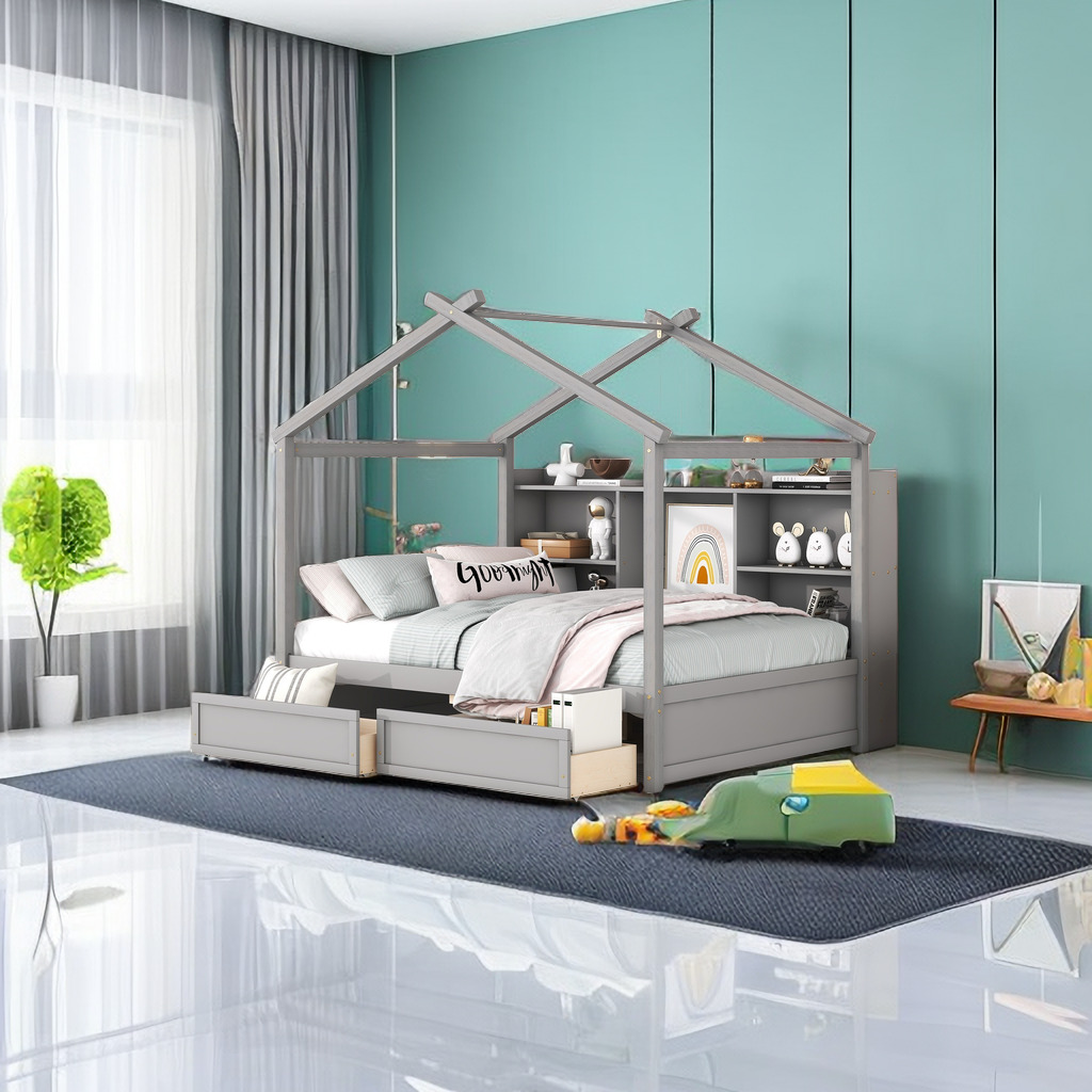 House Bed with Storage, Full Size House Bed with Storage Shelves and 2 Drawers, Wood Bed Frame with Roof for Kids, Teens, Boys or Girls