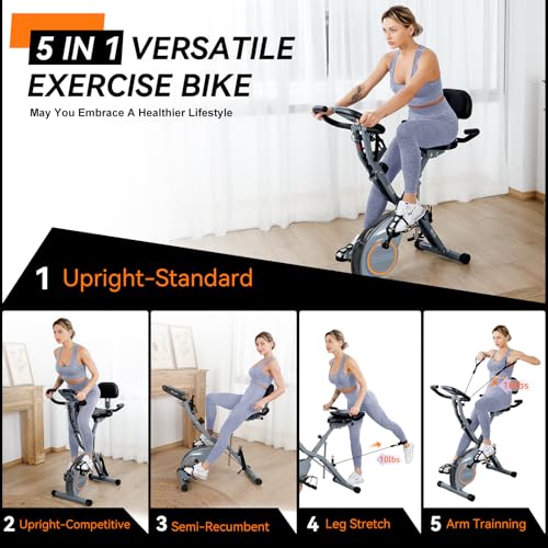 Foldable Exercise Bike Stationary Bikes for Home, 5 IN 1 Indoor Workout Bike, Cycling Bike with 16-Level Quiet Magnetic Resistance