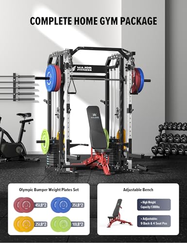 Major Fitness Smith△ Machine Drone2 Premium, All-in-One Home Gym Squat Rack with Aluminum Pulley Set , Weight Bar