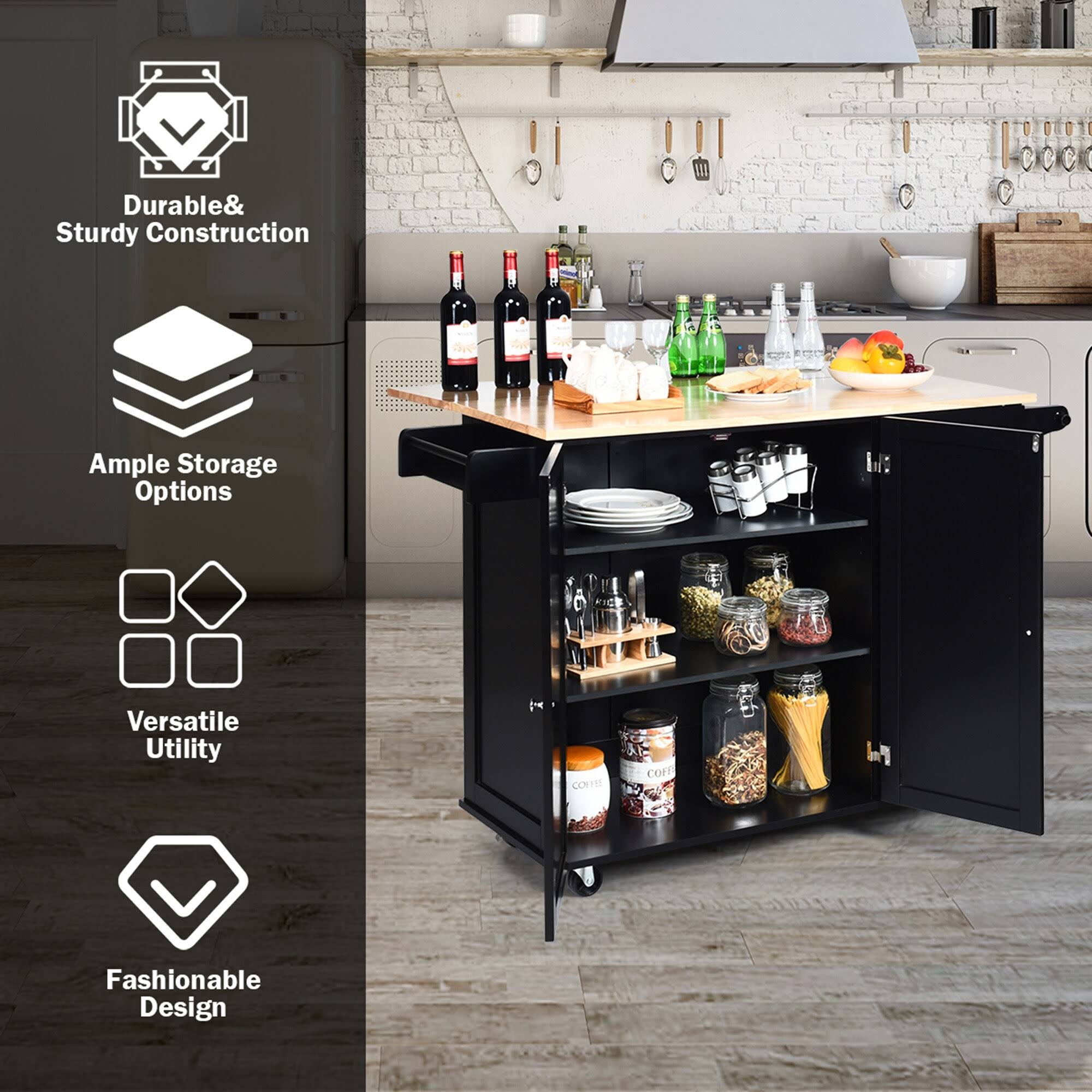 Gymax Drop-Leaf Kitchen Island Trolley Cart Wood Storage Cabinet w/ - See Details - Kitchen Cart - Black