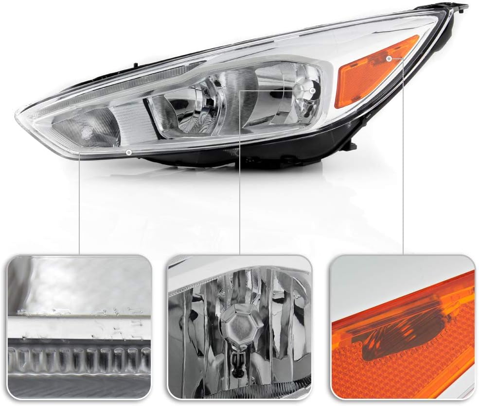ACANII - For [Halogen Model w/LED DRL] 2015 2016 2017 2018 Ford Focus Chrome Housing Headlights Headlamps Assembly Pair